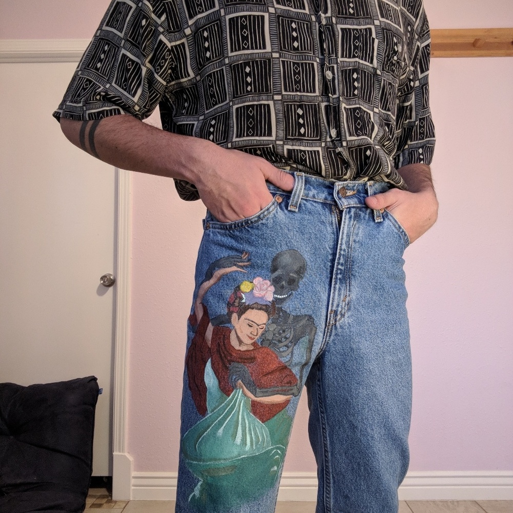 OOAK VINTAGE FRIDA KHALO HIGH WAISTED JEANS - Picture 4 of 5